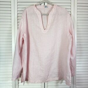 CP Shades Linen Split Neck Pink Tunic Top Long Sleeves Beach Cruise Size Large
